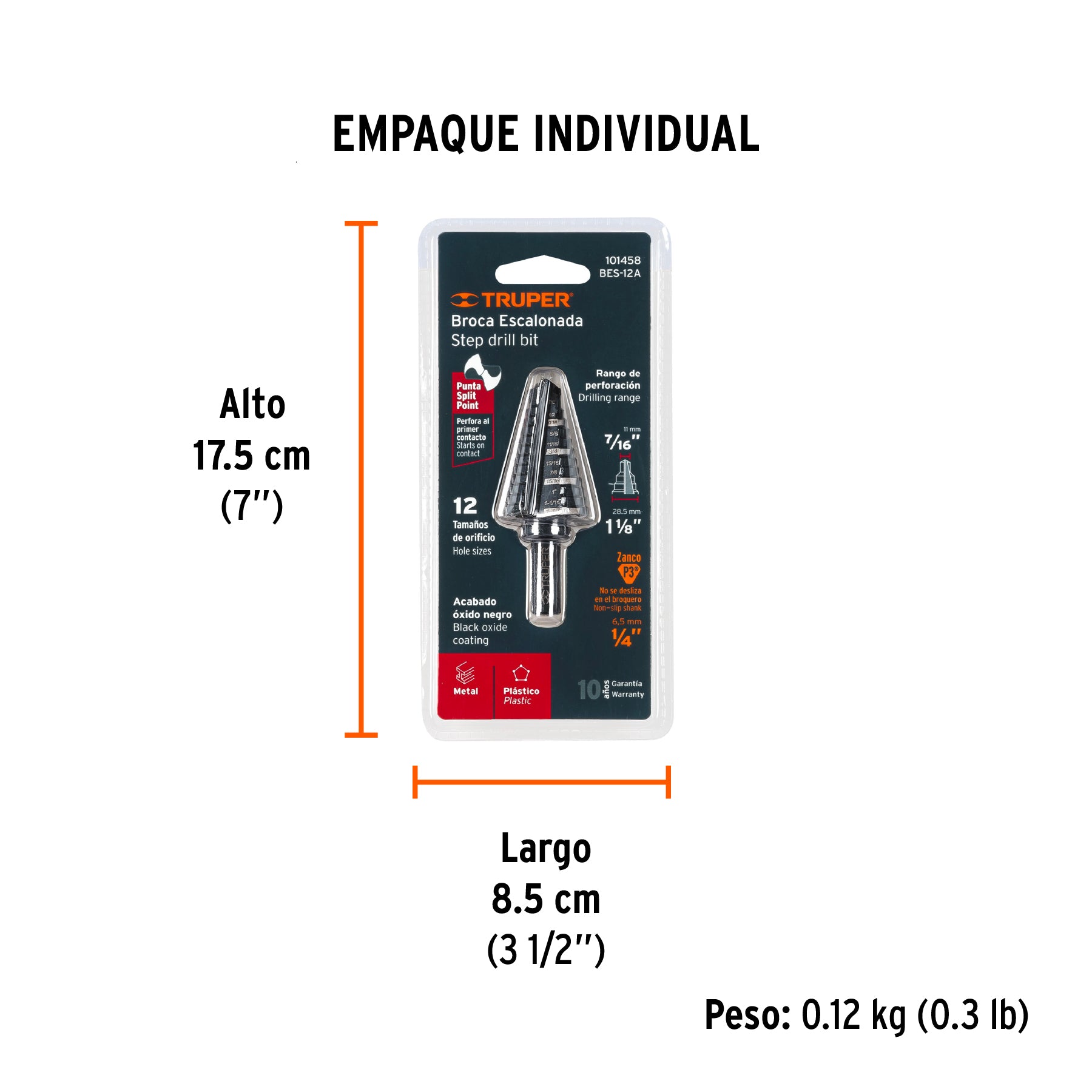 Broca escalonada oxido negro 12escalones 7/16 a 1-1/8Truper