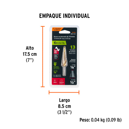 Broca escalonada titanio 13 escalones 1/8" a 1/2" Expert