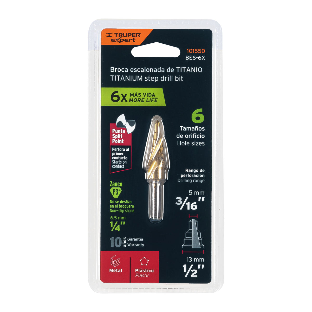 Broca escalonada titanio 6 escalones 3/16" a 1/2" Expert