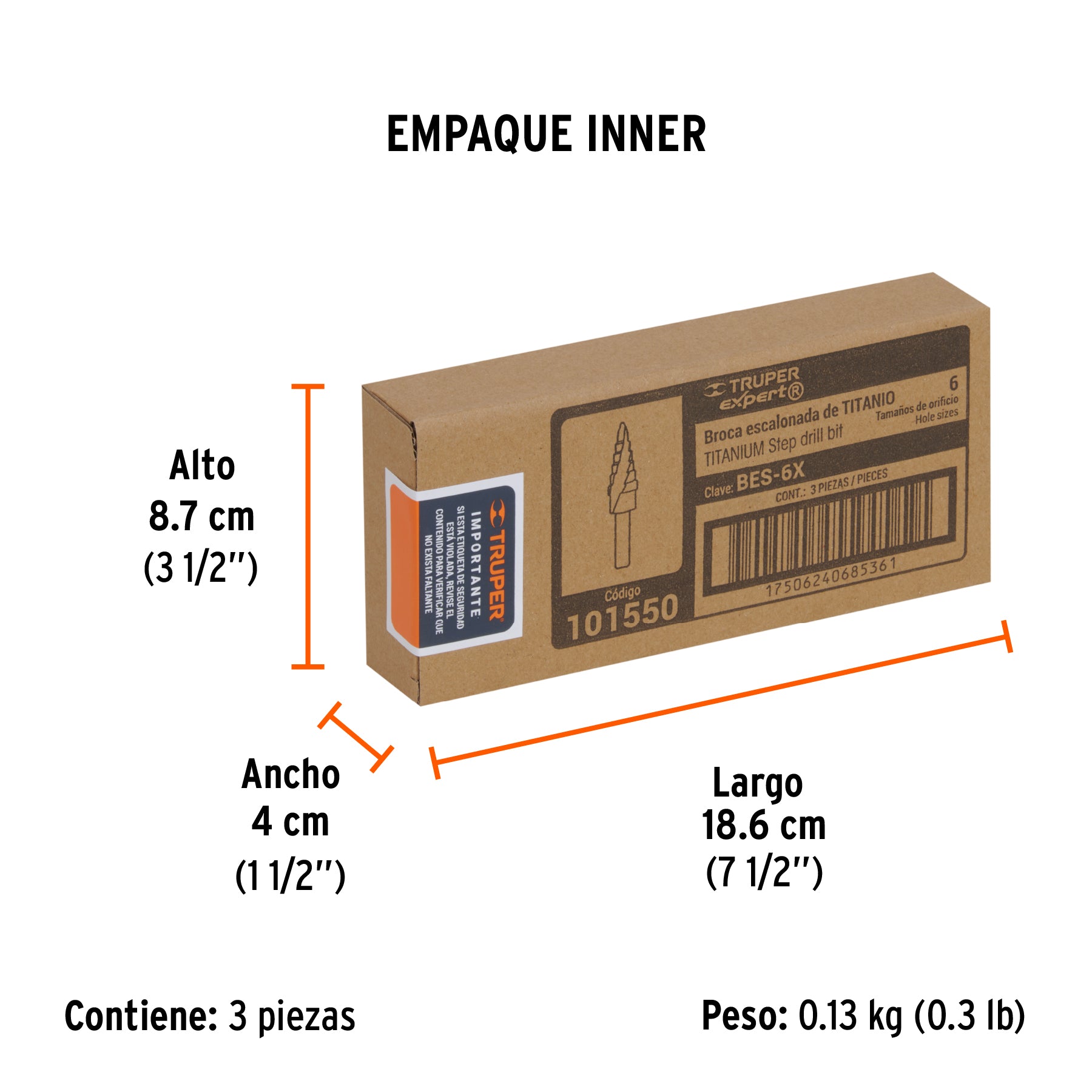 Broca escalonada titanio 6 escalones 3/16" a 1/2" Expert