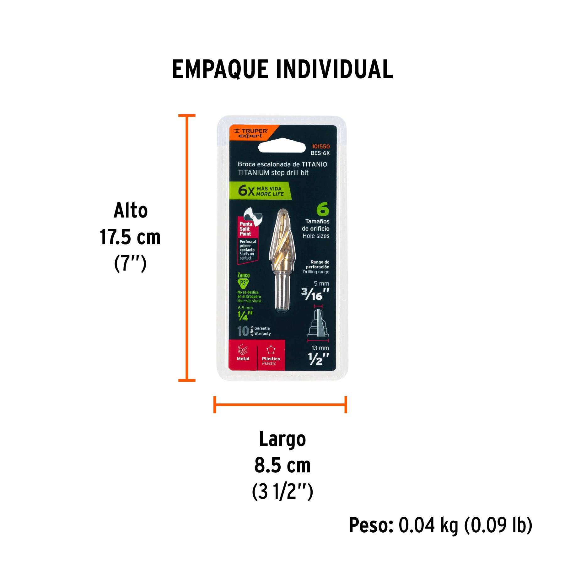 Broca escalonada titanio 6 escalones 3/16" a 1/2" Expert