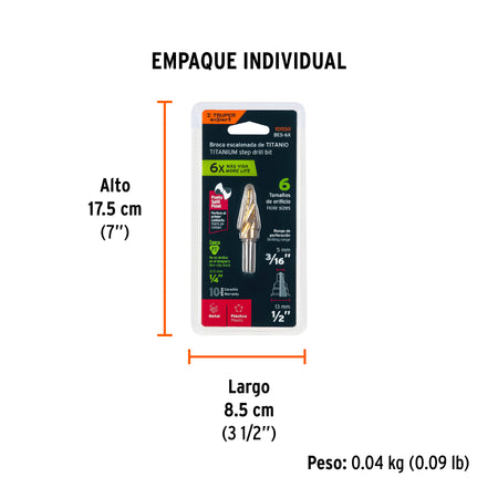 Broca escalonada titanio 6 escalones 3/16" a 1/2" Expert