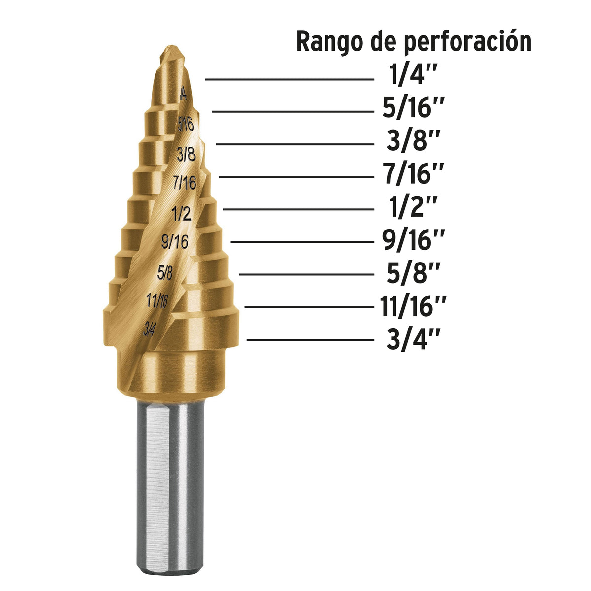Broca escalonada titanio 9 escalones 1/4" a 3/4" Expert