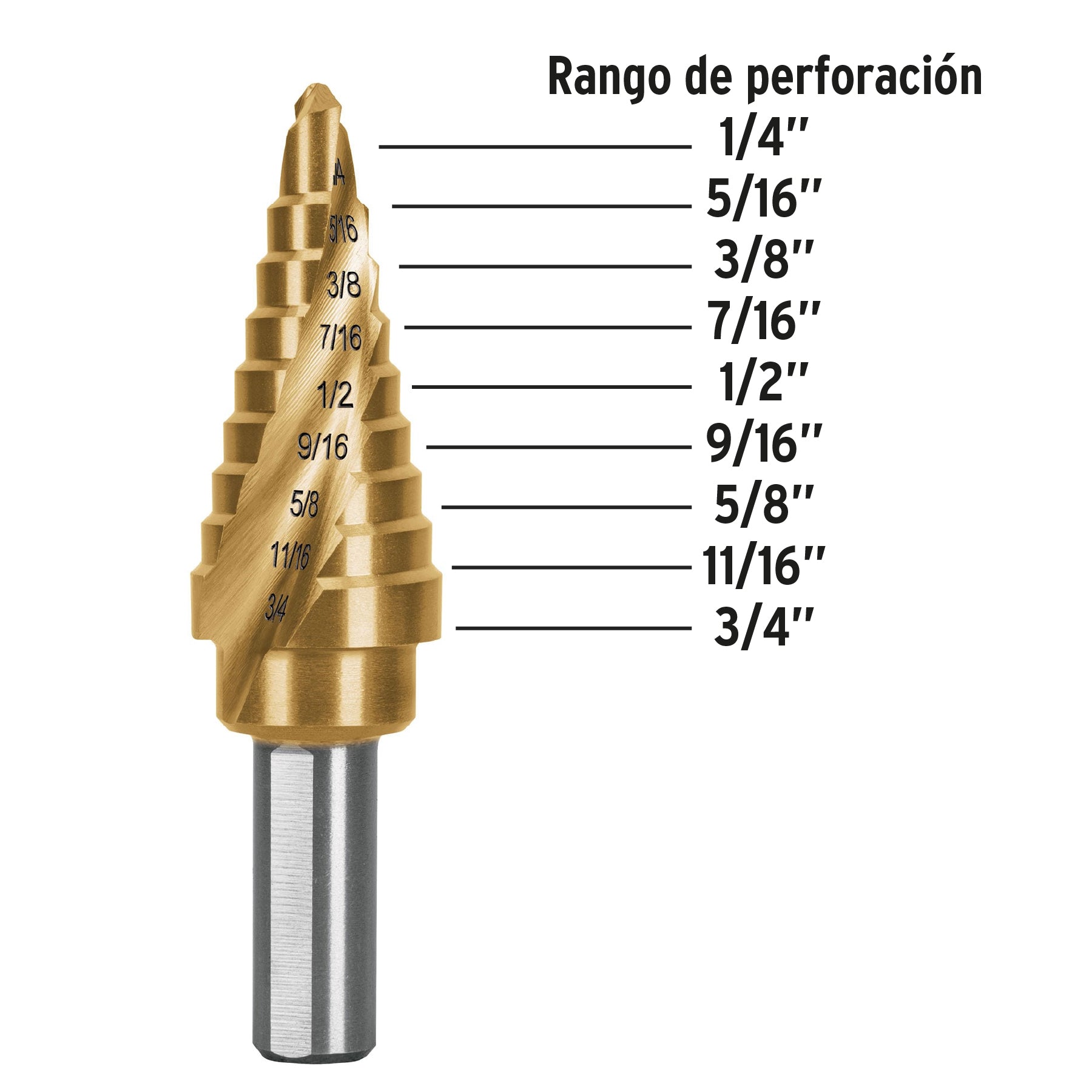 Broca escalonada titanio 9 escalones 1/4" a 3/4" Expert