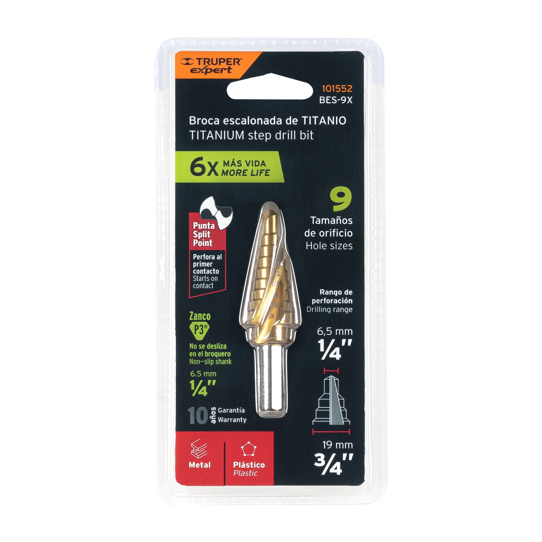 Broca escalonada titanio 9 escalones 1/4" a 3/4" Expert