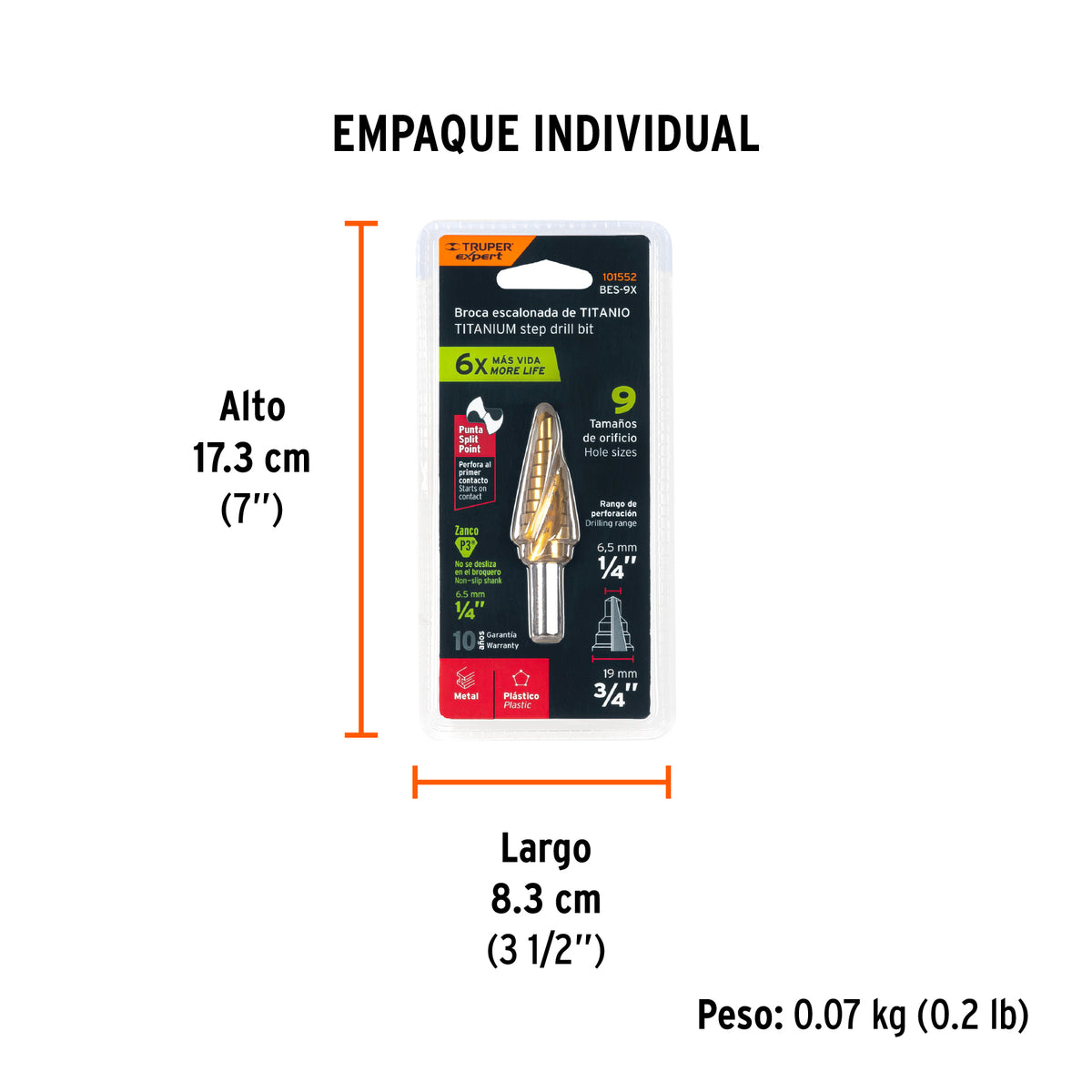 Broca escalonada titanio 9 escalones 1/4" a 3/4" Expert