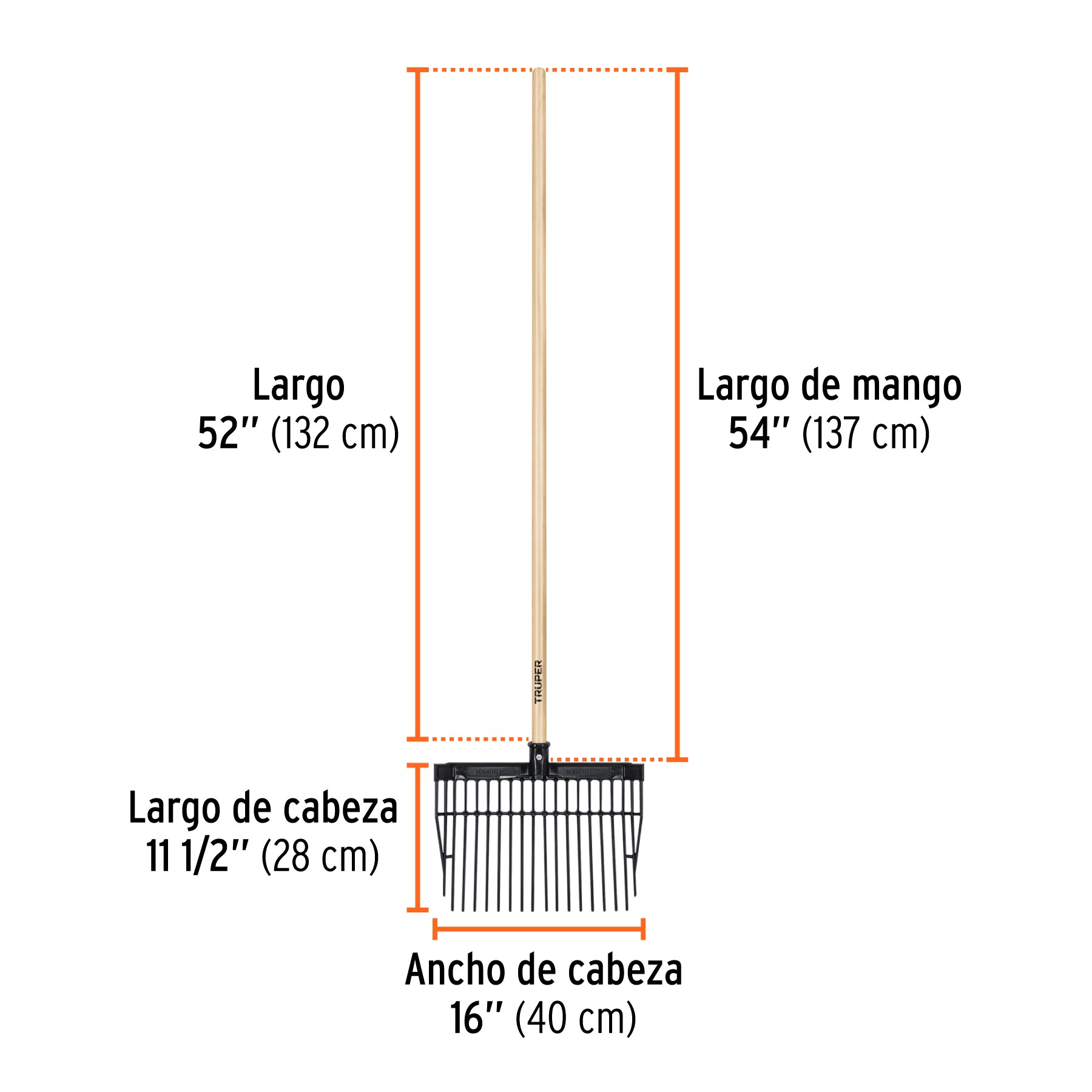 Bieldo para estiércol, 16 dientes, mango 54',cabeza plástica