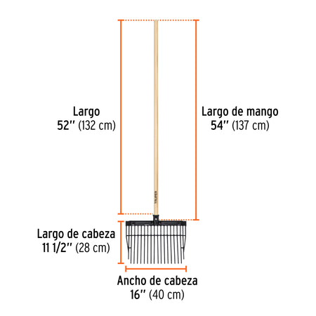 Bieldo para estiércol, 16 dientes, mango 54',cabeza plástica