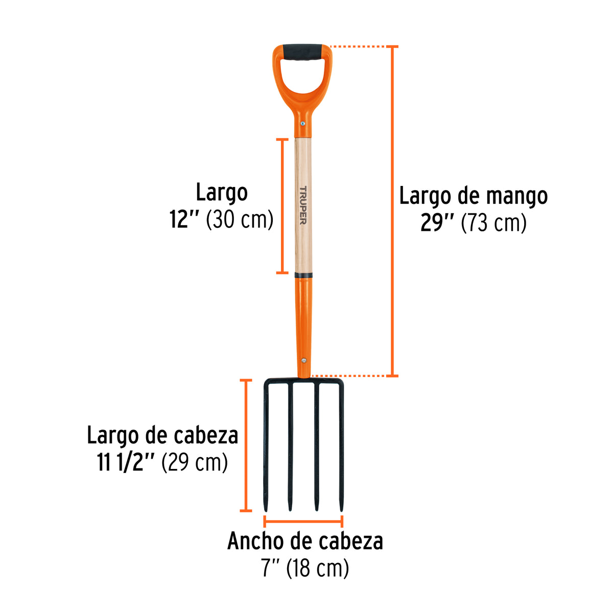 Bieldo para jardín, 4 dientes cuadrados, mango 29', puño 'Y'