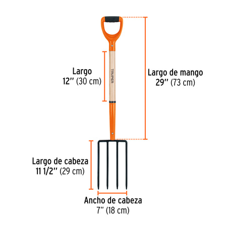 Bieldo para jardín, 4 dientes cuadrados, mango 29', puño 'Y'
