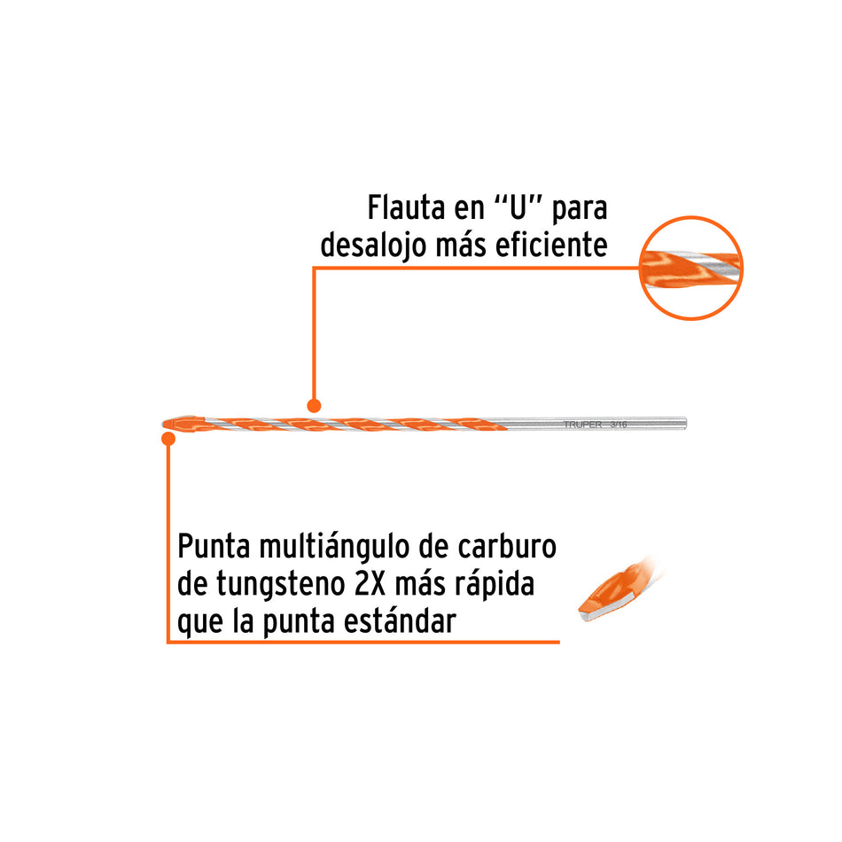 Broca multimaterial 3/16 x 6" Truper
