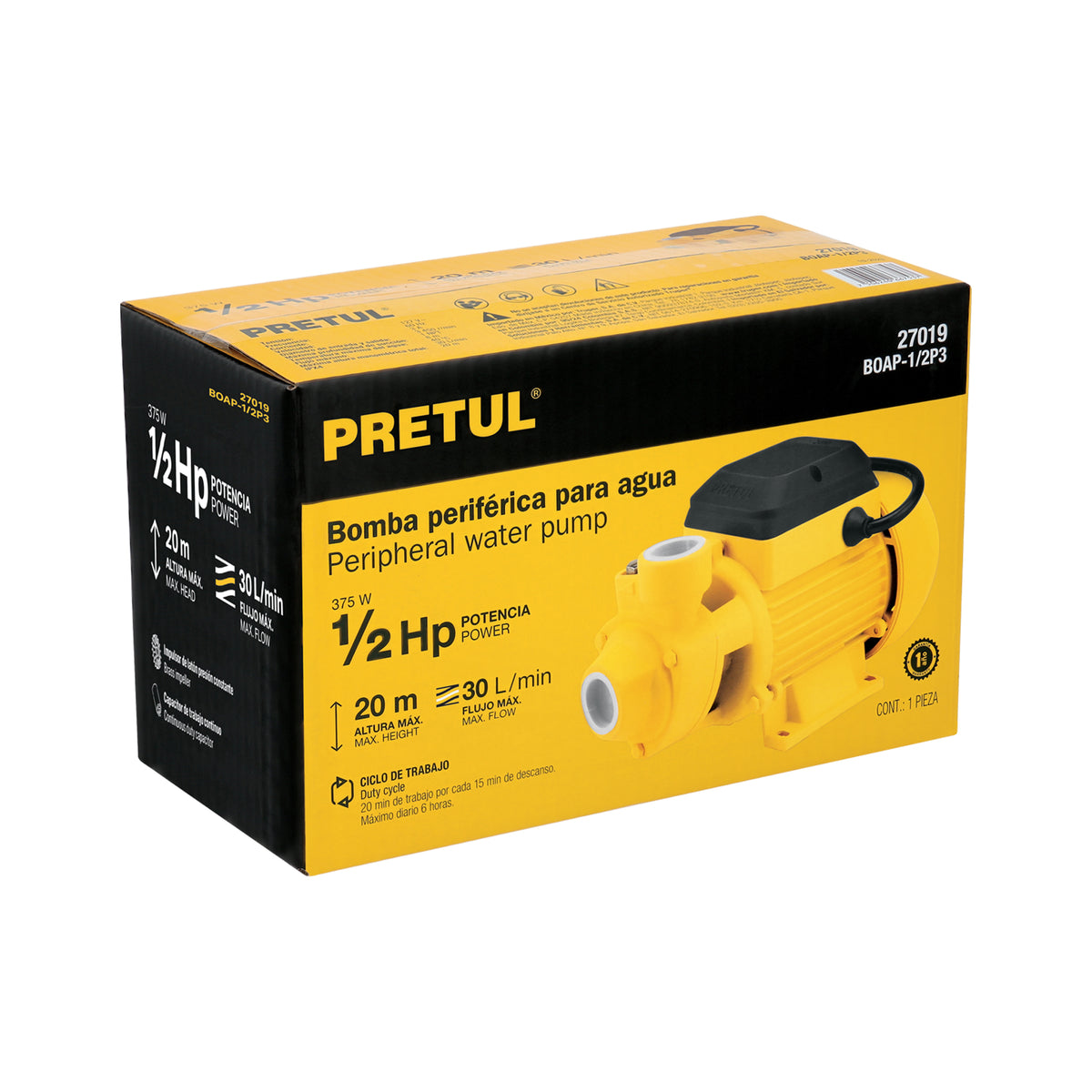 Bomba periferica 1/2HP altura max 20m uso agricola PRETUL