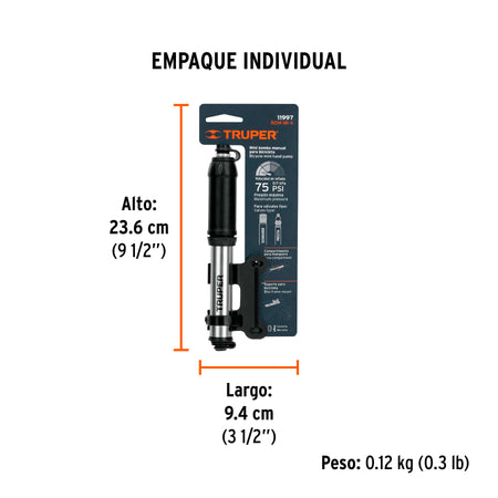 Mini bomba manual para bicicleta, abatible, 75 PSI, TRUPER