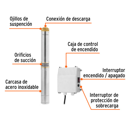 Bomba sumergible tipo bala, 1-1/2HP, agrícola, 220V, TRUPER