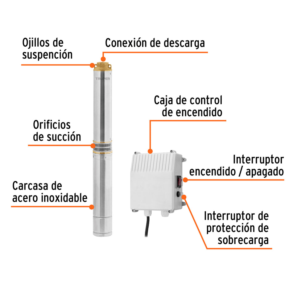 Bomba sumergible tipo bala, 1-1/2HP, agrícola, 220V, TRUPER