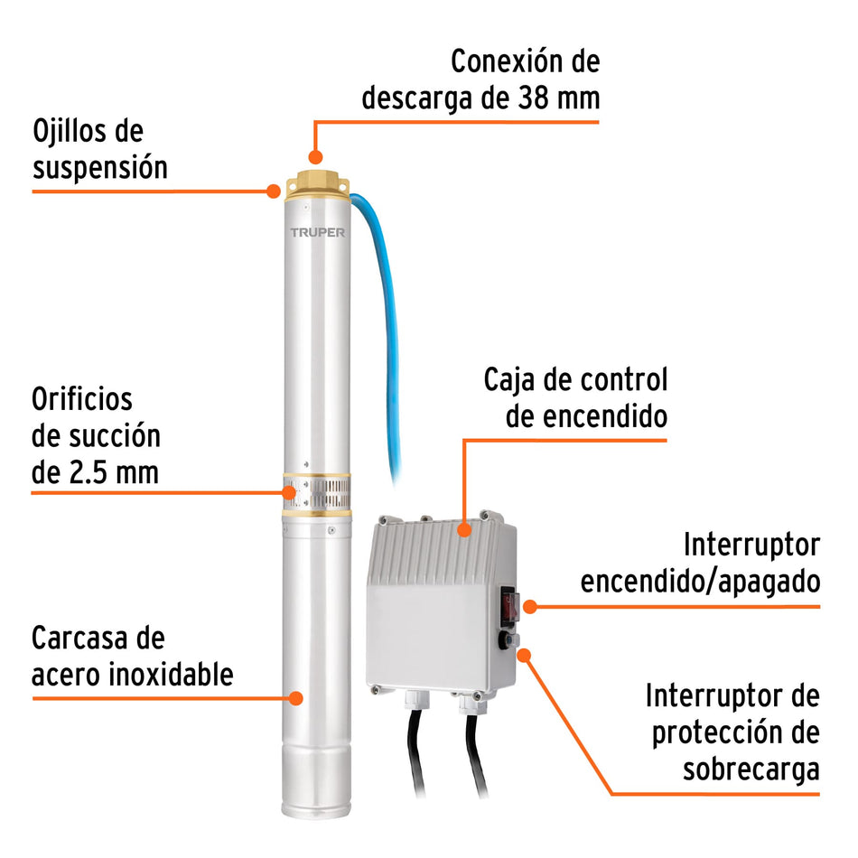 Bomba sumergible tipo bala, 1-1/2HP, uso agrícola, TRUPER