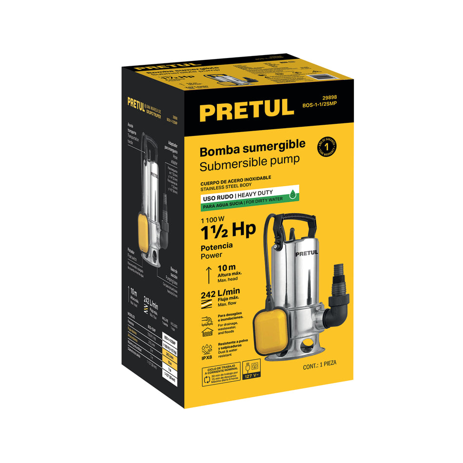 Bomba sumergible de acero inoxidable para agua sucia 1-1/2 HP Pretul