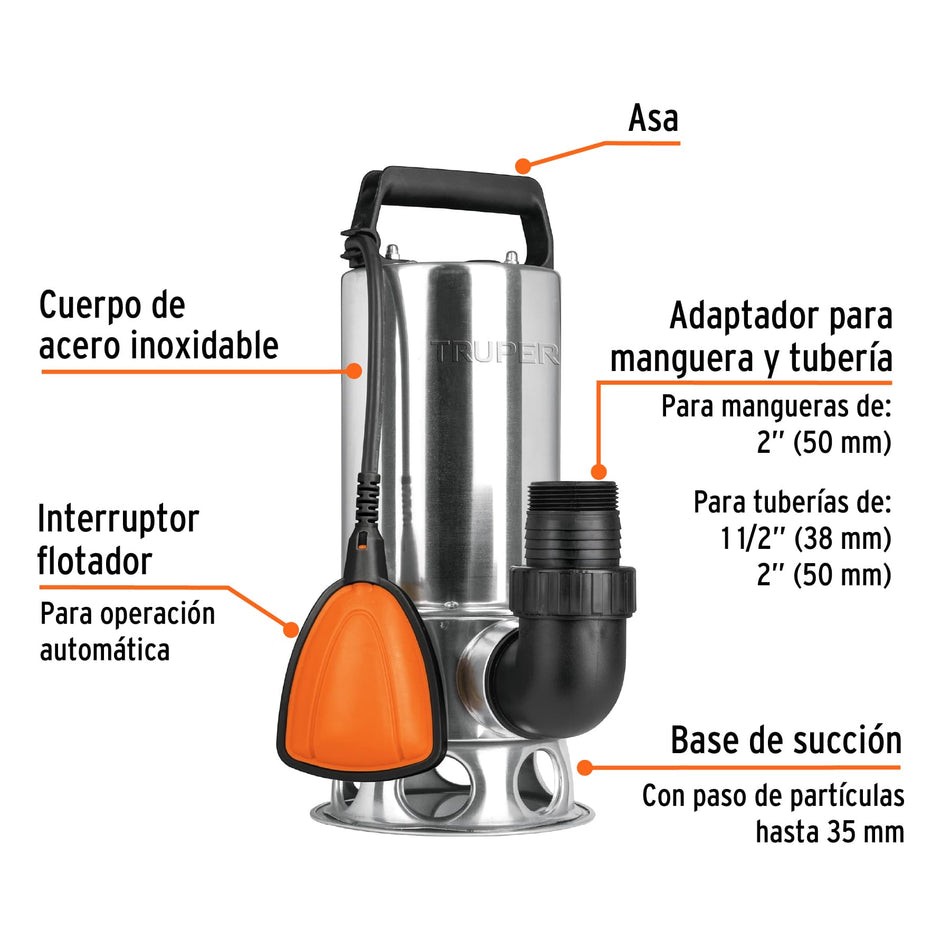 Bomba sumergible acero inoxidableagua sucia1-1/2HP TRUPER