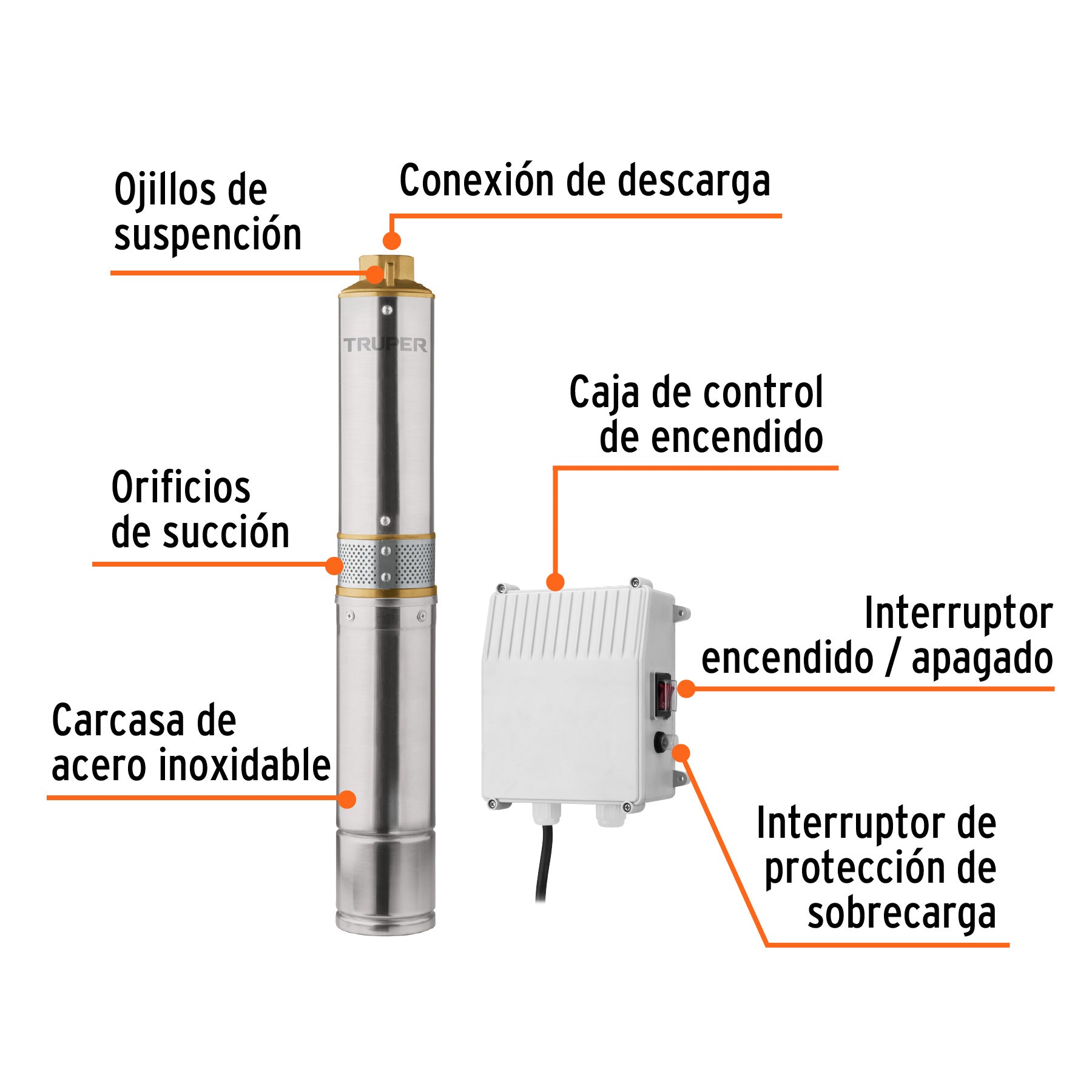 Bomba sumergible tipo bala, 1/2HP, agrícola, 220V, TRUPER