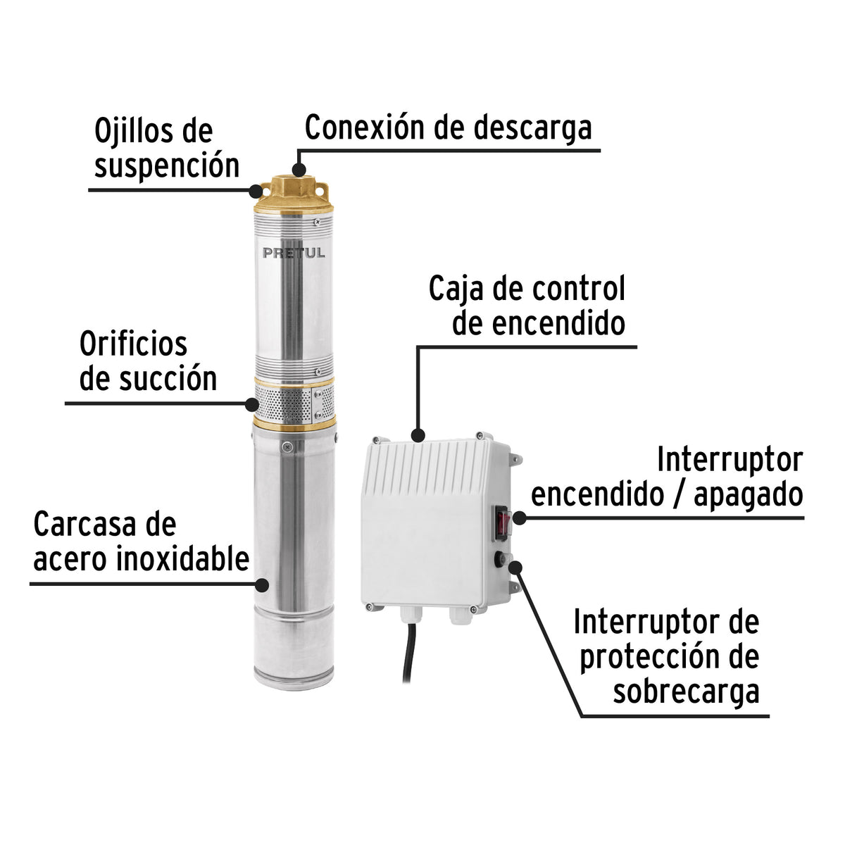Bomba sumergible tipo bala uso agricola PRETUL 1/2 HP