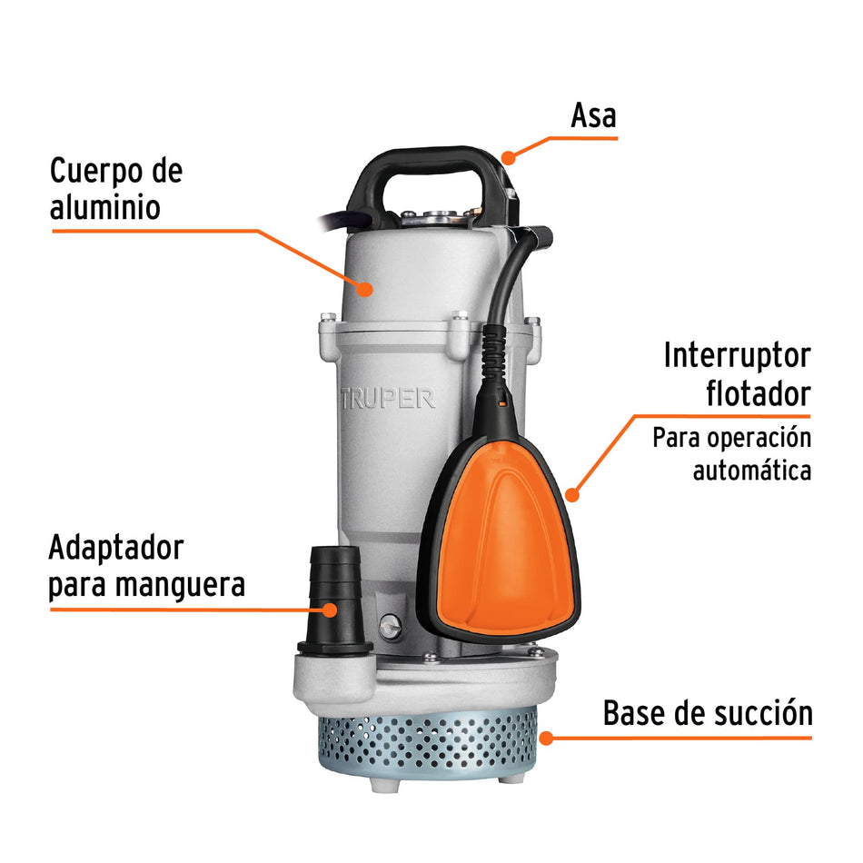 Bomba sumergible cubierta aluminioagua limpia1/2HP TRUPER