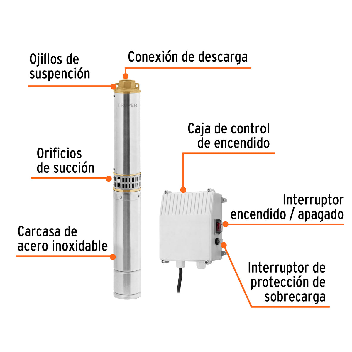 Bomba sumergible tipo bala, 1HP, uso agrícola, 220V, TRUPER