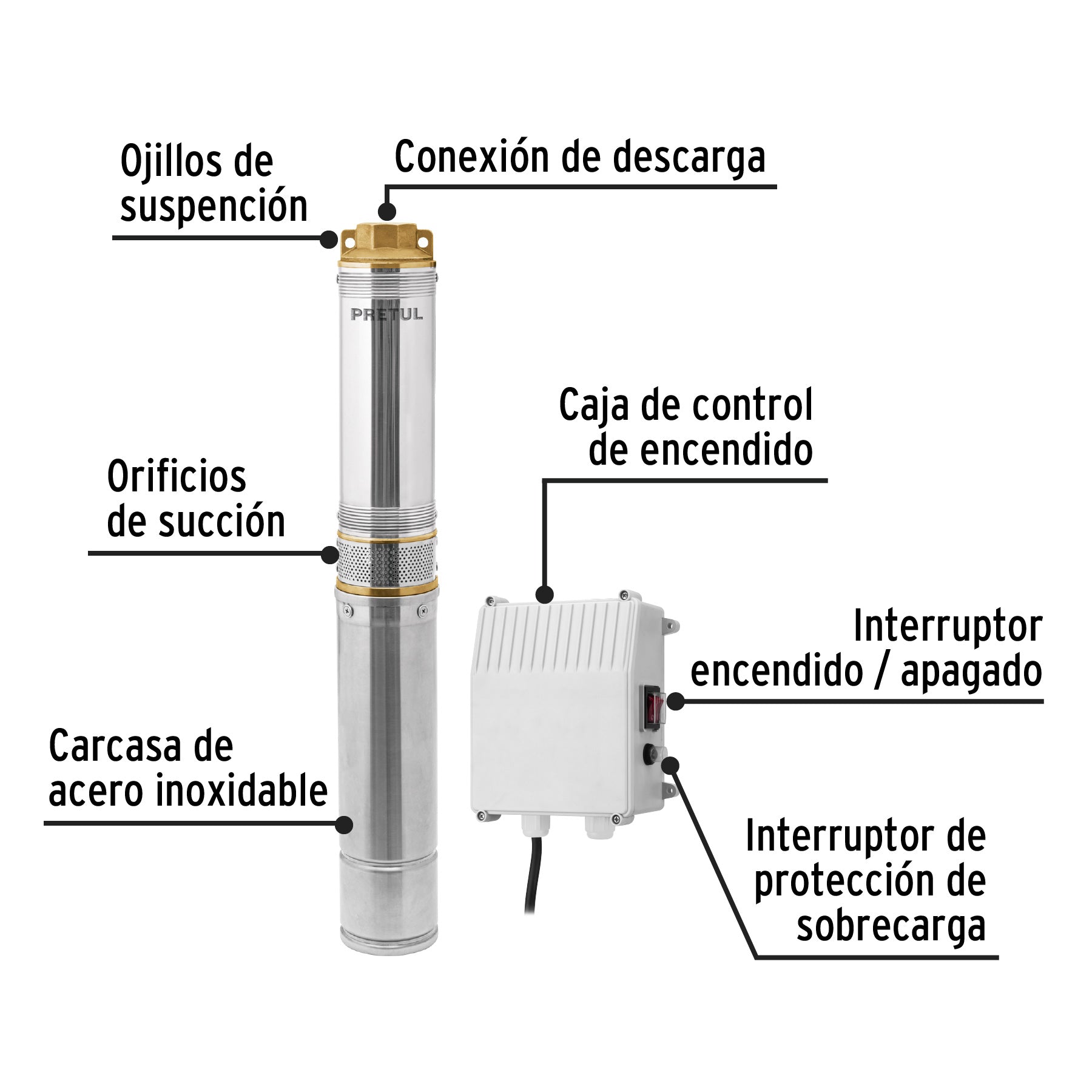 Bomba sumergible tipo bala uso agricola PRETUL 1 HP