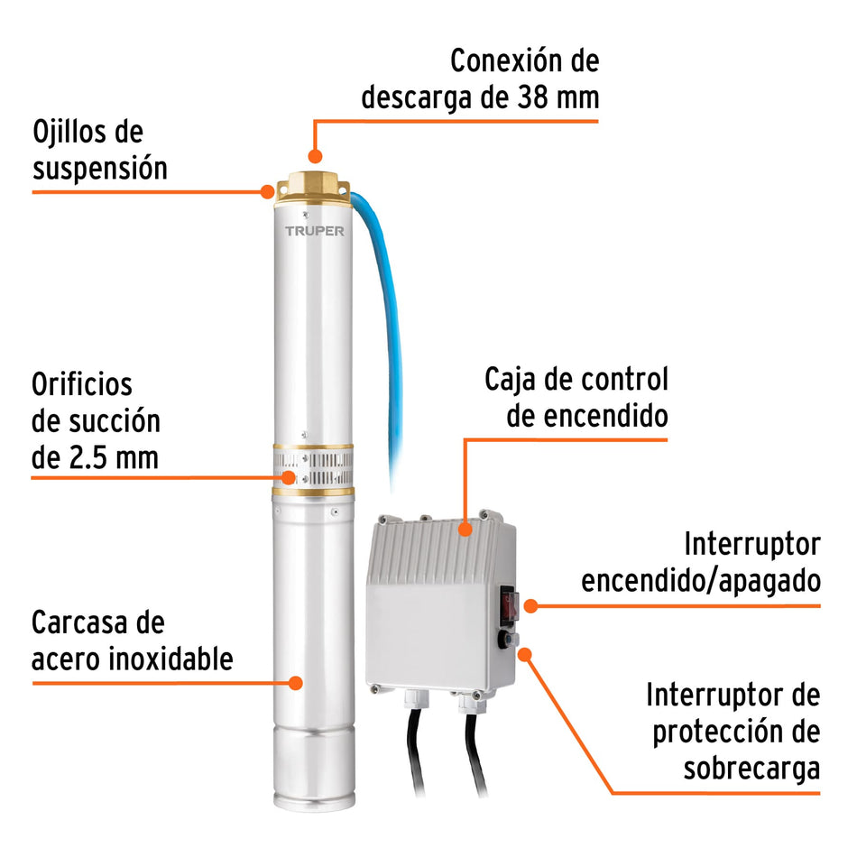 Bomba sumergible tipo bala, 1HP, uso agrícola, TRUPER