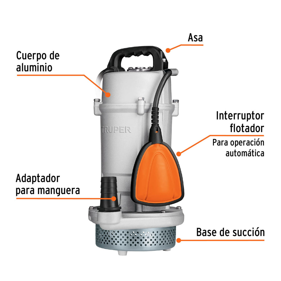 Bomba sumergible cubierta aluminioagua limpia 1 HP TRUPER