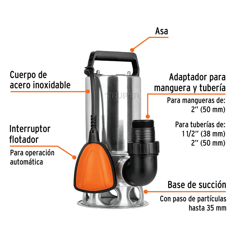 Bomba sumergible acero inoxidable agua sucia 1 HP TRUPER