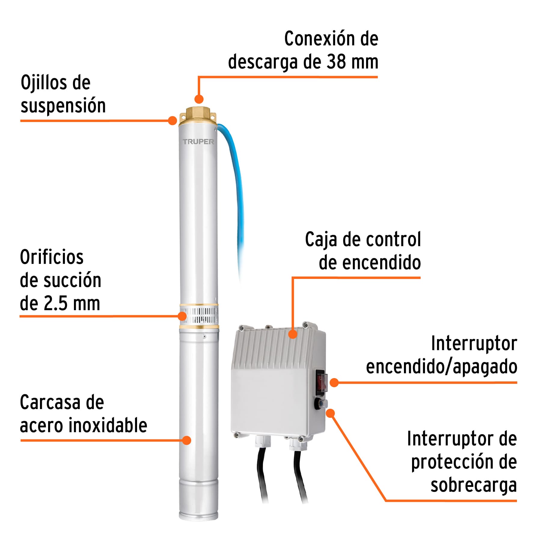 Bomba sumergible tipo bala, 2HP, uso agrícola, TRUPER