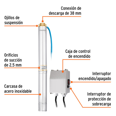 Bomba sumergible tipo bala, 2HP, uso agrícola, TRUPER