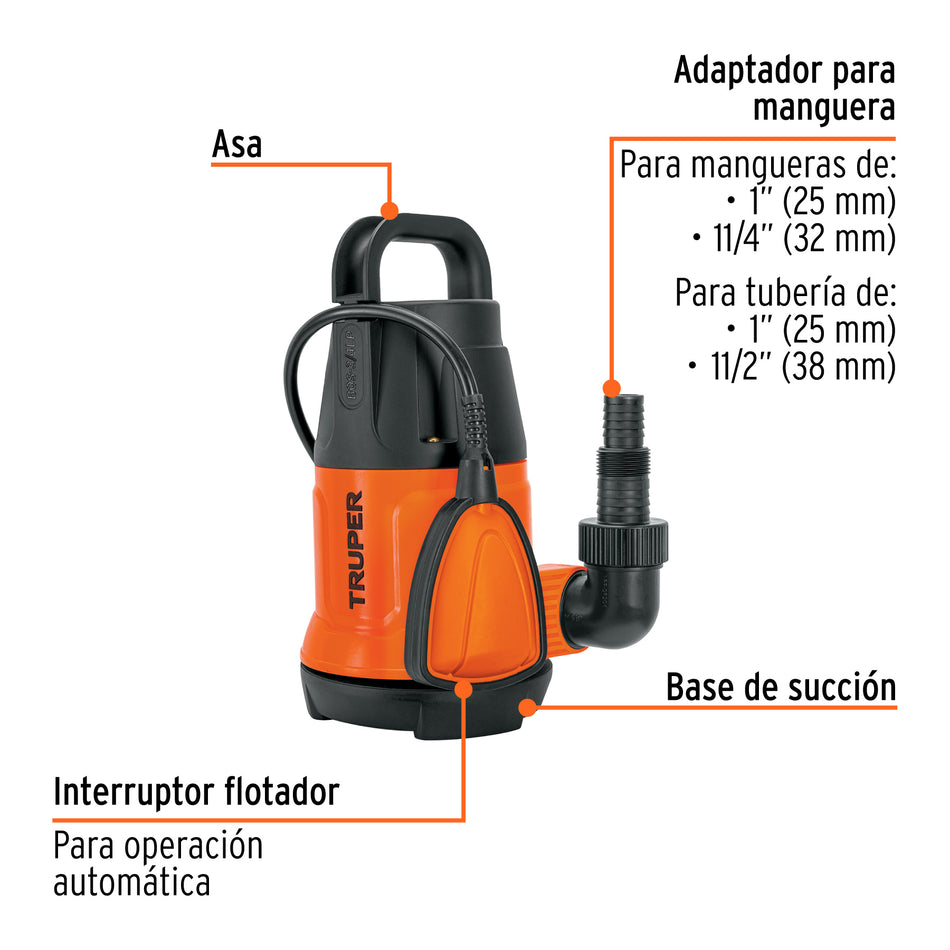 Bomba sumergible plastica para agua limpia TRUPER 3/4 HP