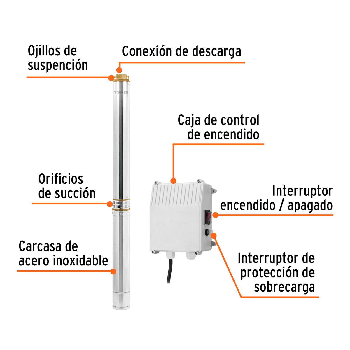 Bomba sumergible tipo bala, 3HP, uso agrícola, 220V, TRUPER
