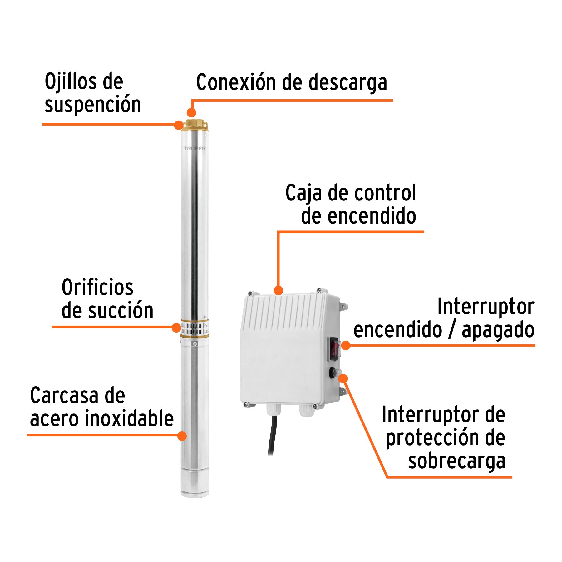 Bomba sumergible tipo bala, 3HP, uso agrícola, 220V, TRUPER