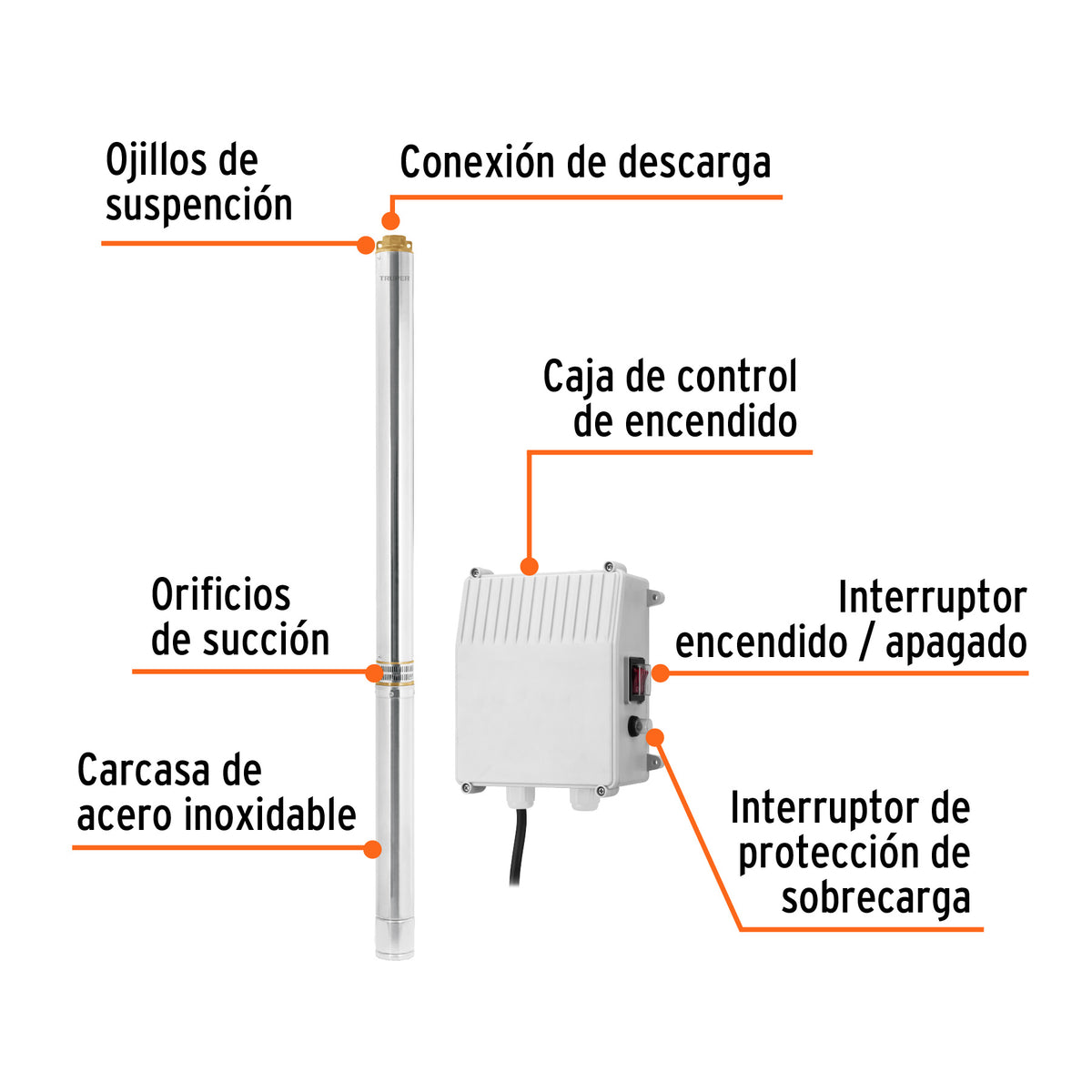 Bomba sumergible tipo bala, 5-1/2HP, agrícola, 220V, TRUPER