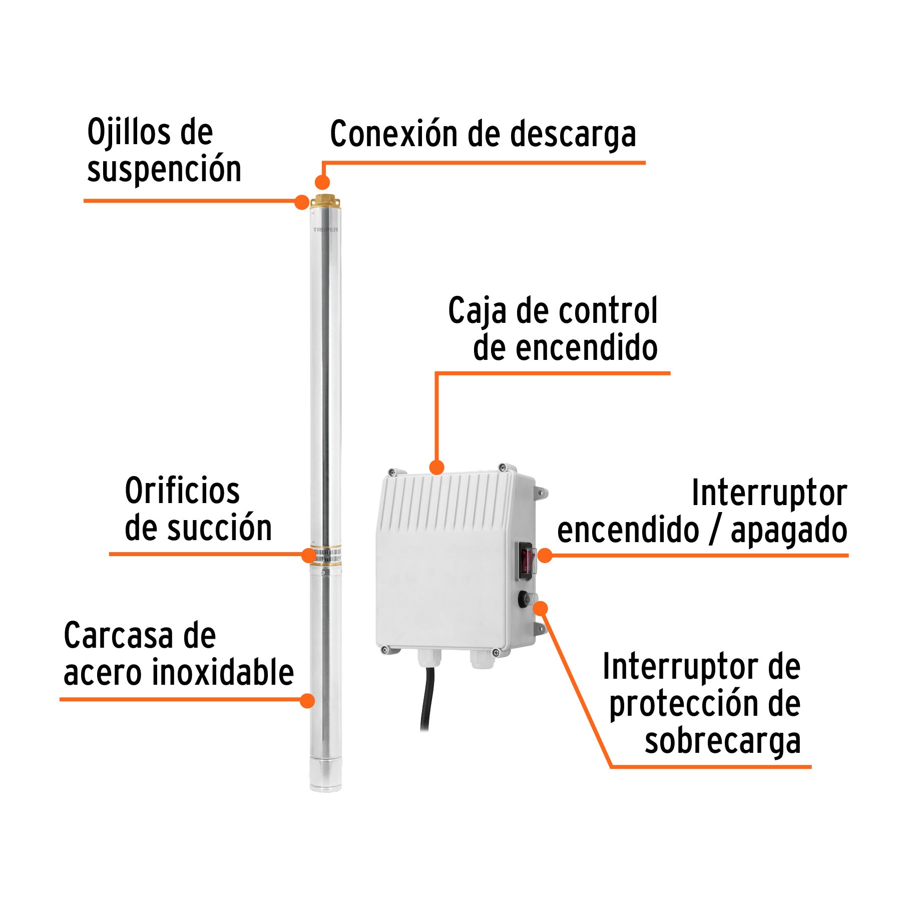 Bomba sumergible tipo bala, 5-1/2HP, agrícola, 220V, TRUPER