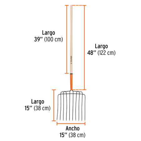 Bieldo para estiércol, 10 dientes, mango 48', cabeza soldada