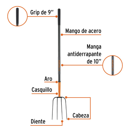 Bieldo para paja, 4 dientes, mango largo de acero 48' TRUPER