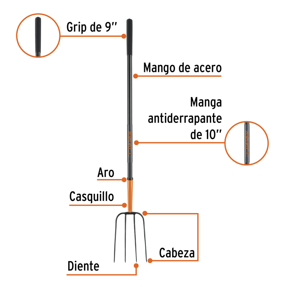 Bieldo para paja, 4 dientes, mango largo de acero 48' TRUPER