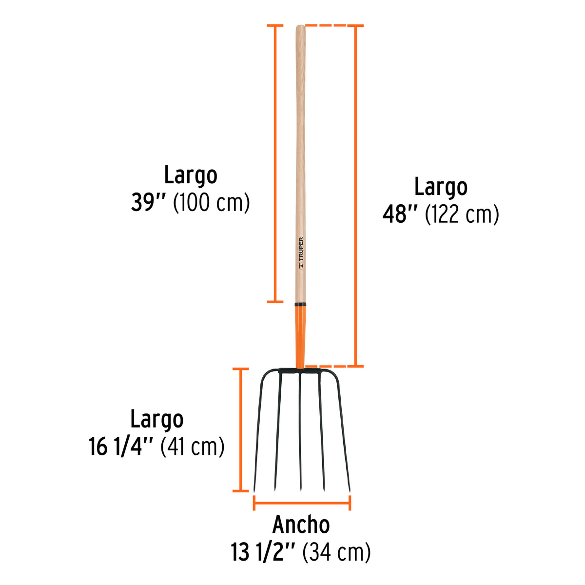 Bieldo para paja, 5 dientes, mango largo 48', cabeza grande