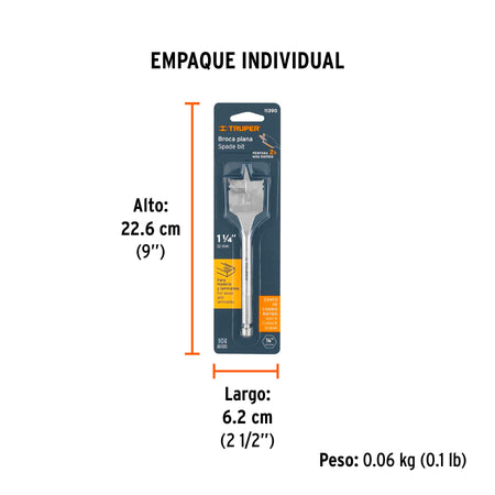 Broca plana de manita para madera Truper 1-1/4"