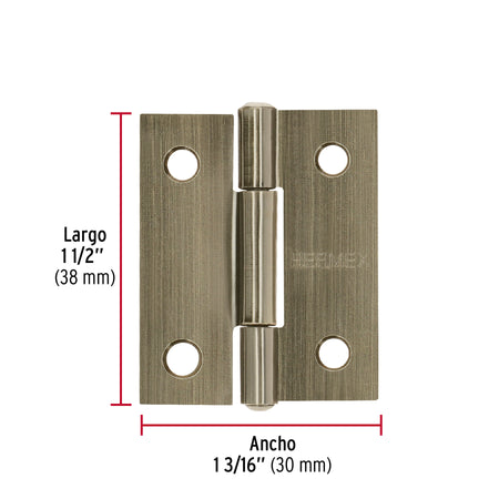 Bisagra rectangular 1-1/2' latón antiguo, HERMEX