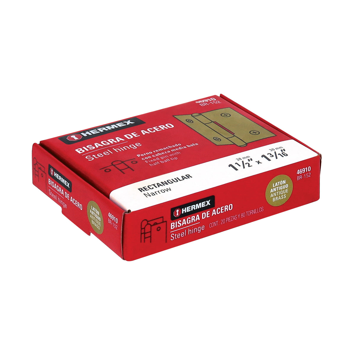 Bisagra rectangular 1-1/2' latón antiguo, HERMEX