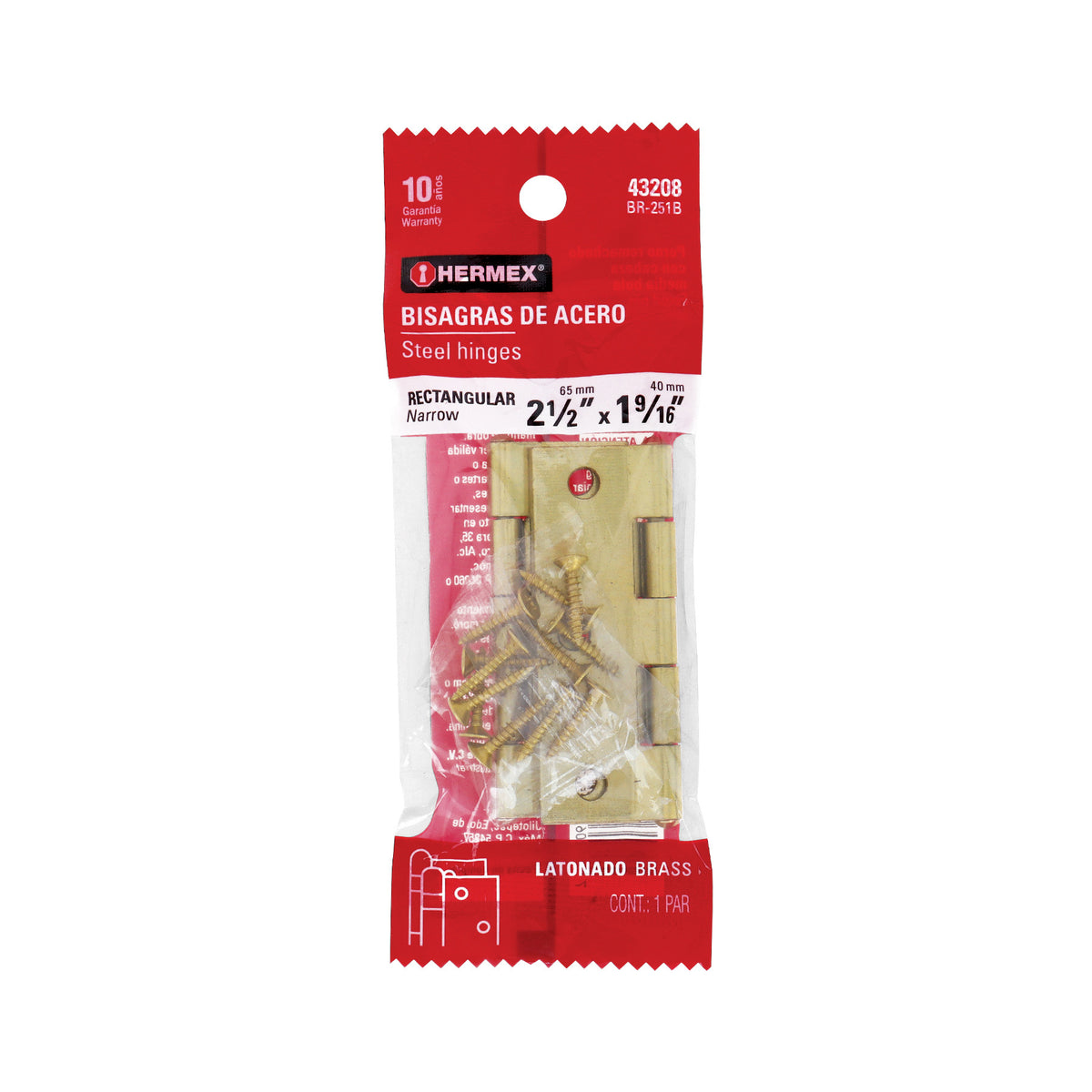 Bolsa con 2 bisagras rectangulares acero latonado 2-1/2"