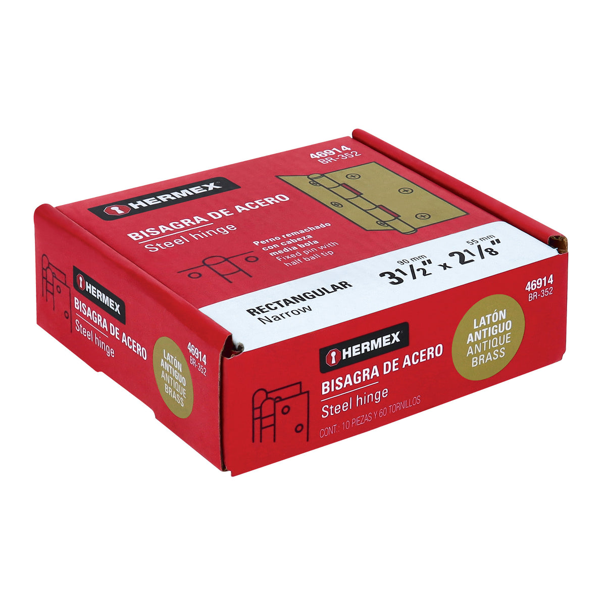 Bisagra rectangular 3-1/2' latón antiguo, HERMEX