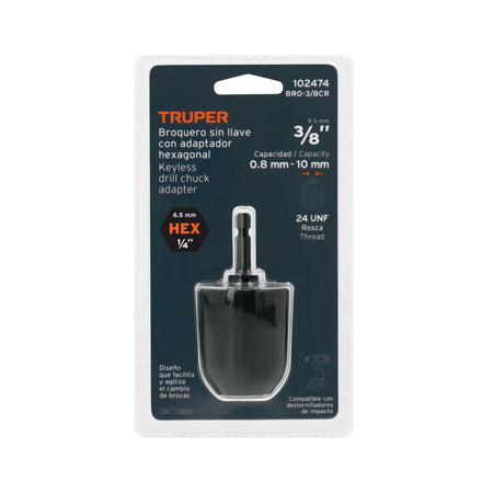 Broquero 3/8" sin llave y adaptador hexagonal 1/4" TRUPER