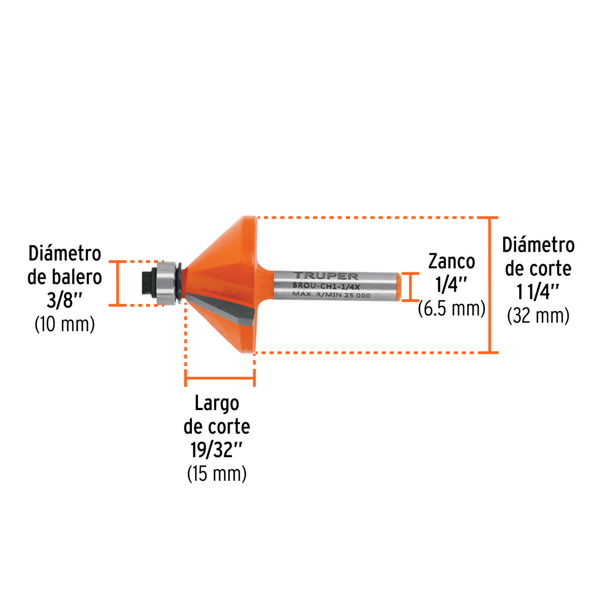 Broca para router chaflan 1-1/4" con balero Truper