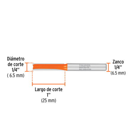 Broca para router recta 2 filos 1/4" larga Truper