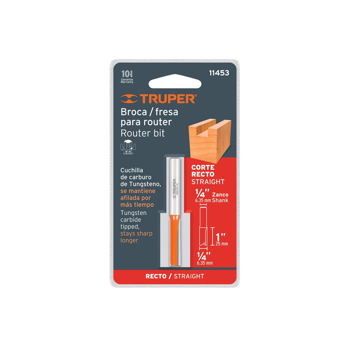 Broca para router recta 2 filos 1/4" larga Truper
